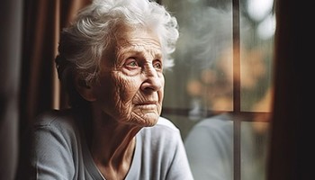 Sad older woman looking out a window